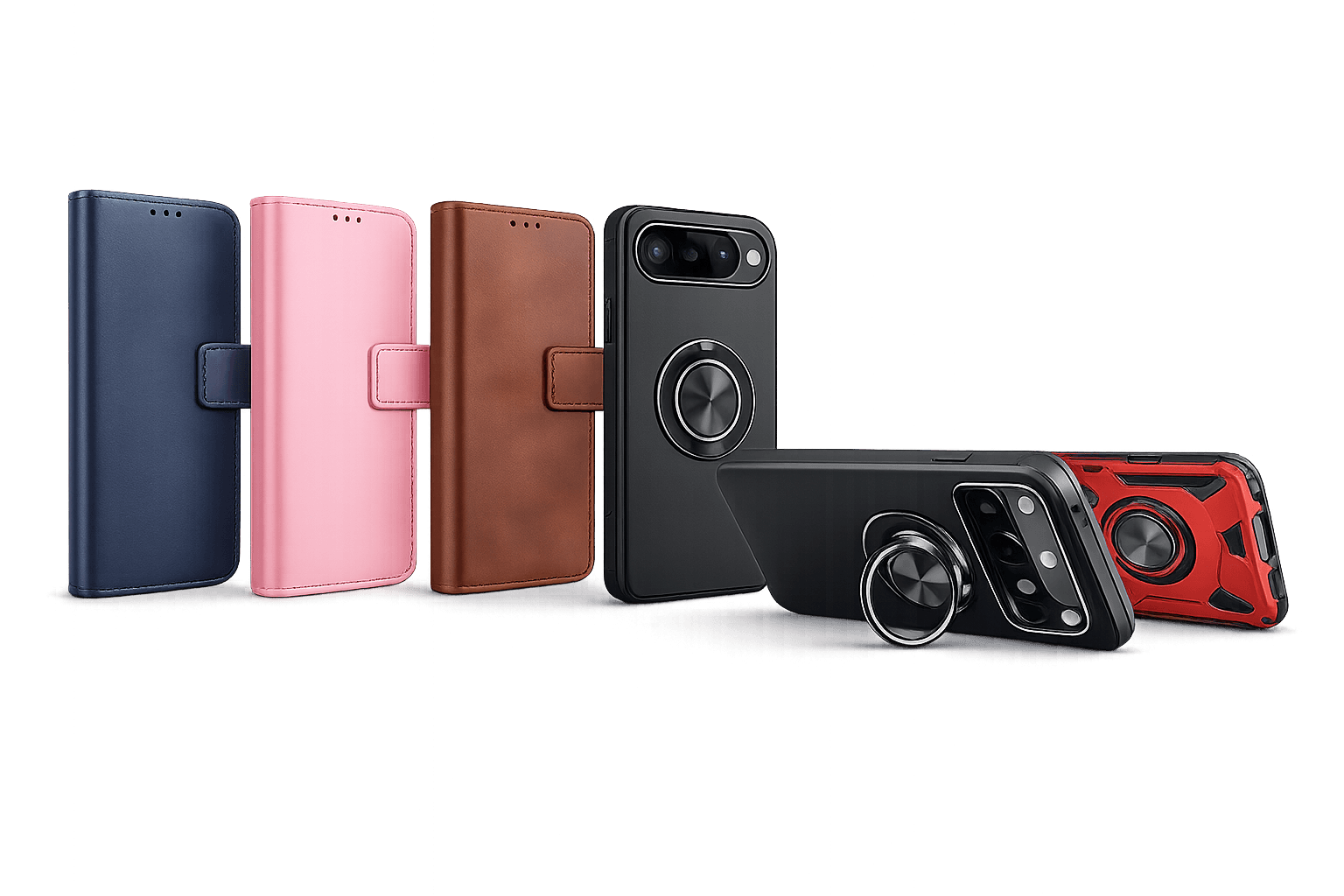 Ring and wallet cases lineup with navy, pink, brown, black, and red styles