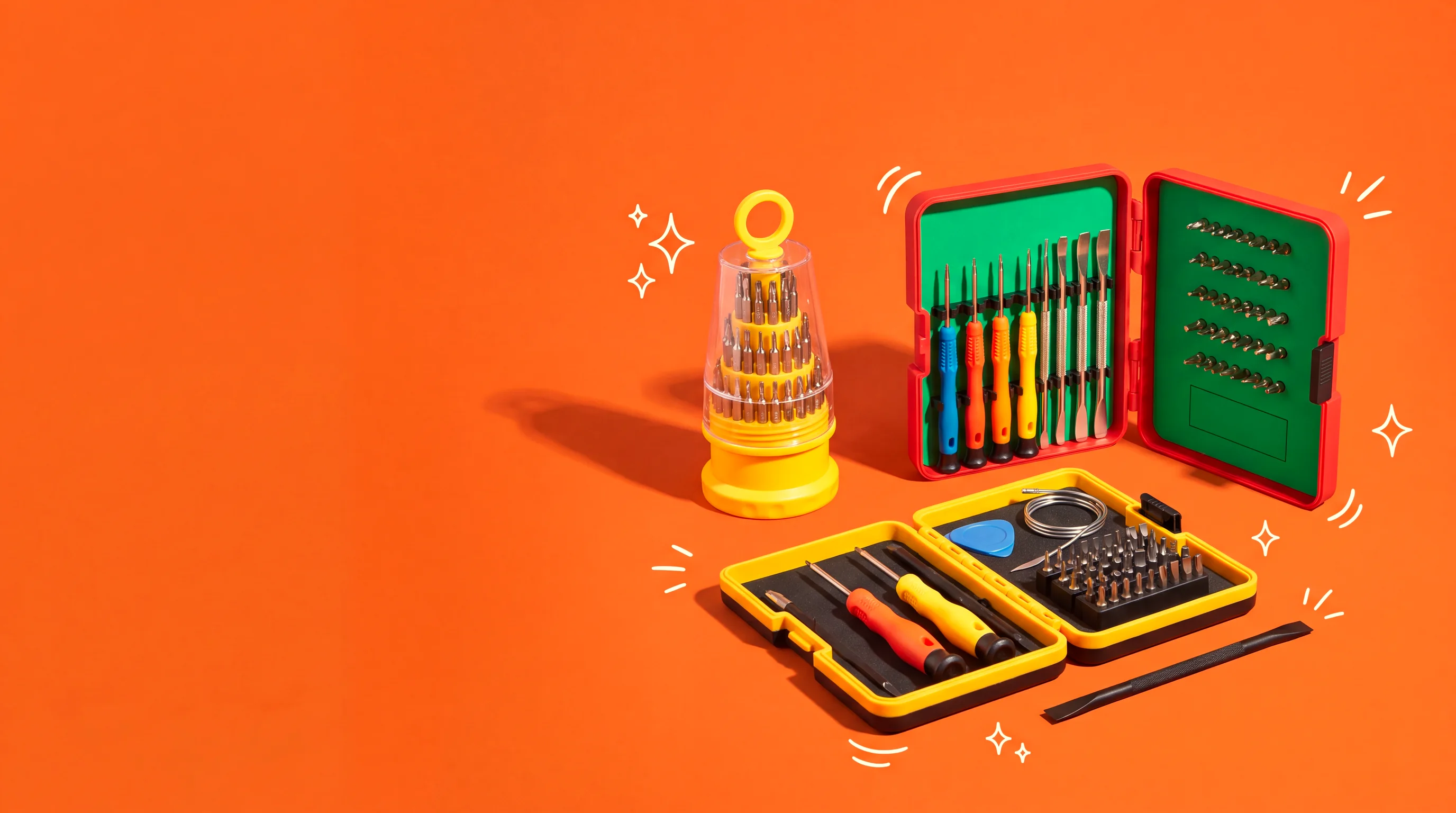 AIDA Tool Drop — clear bit tower, red repair case with colour screwdrivers, and a yellow magnetic bench tray on a vivid orange background