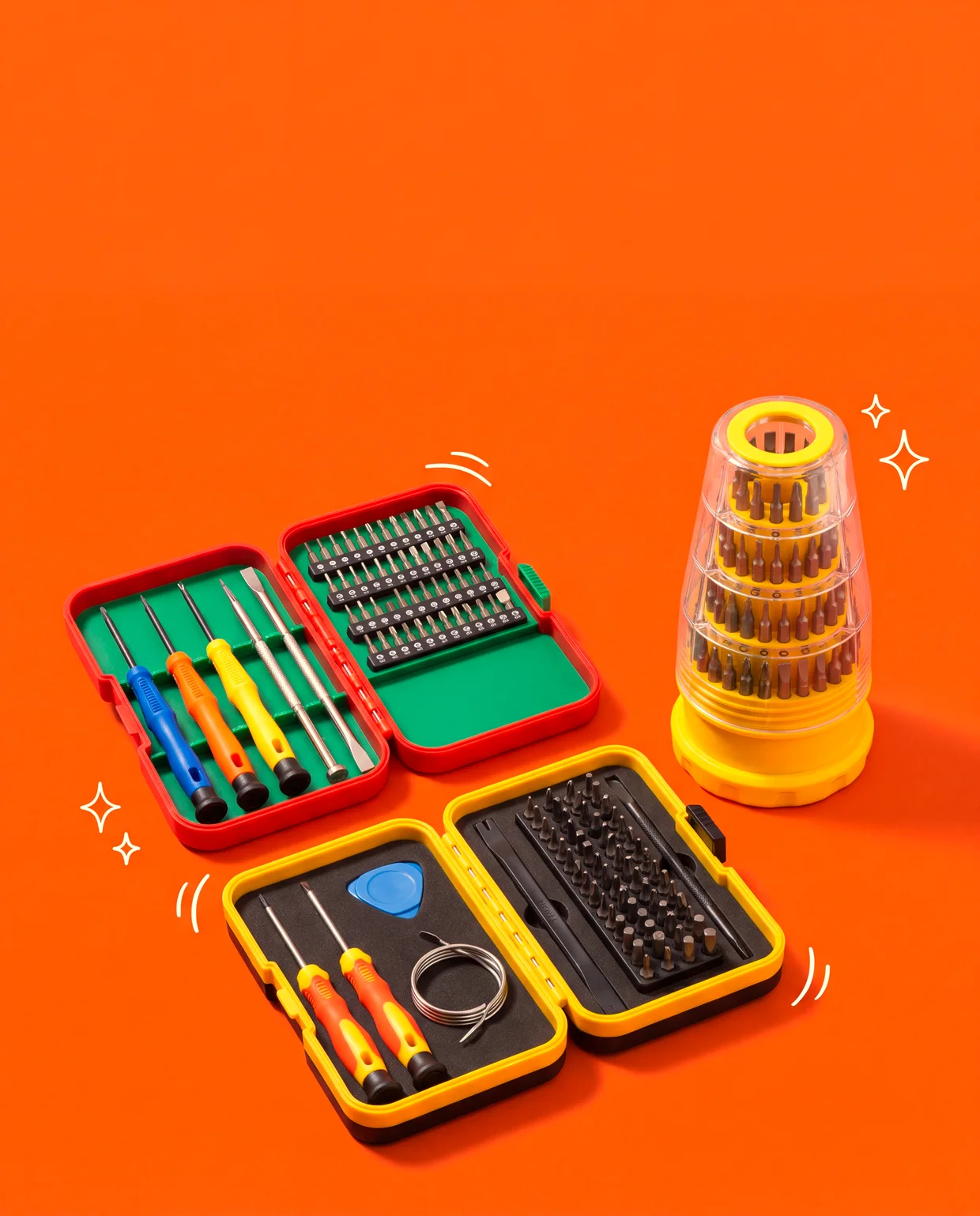 AIDA Tool Drop repair kits on a vivid orange background, mobile layout