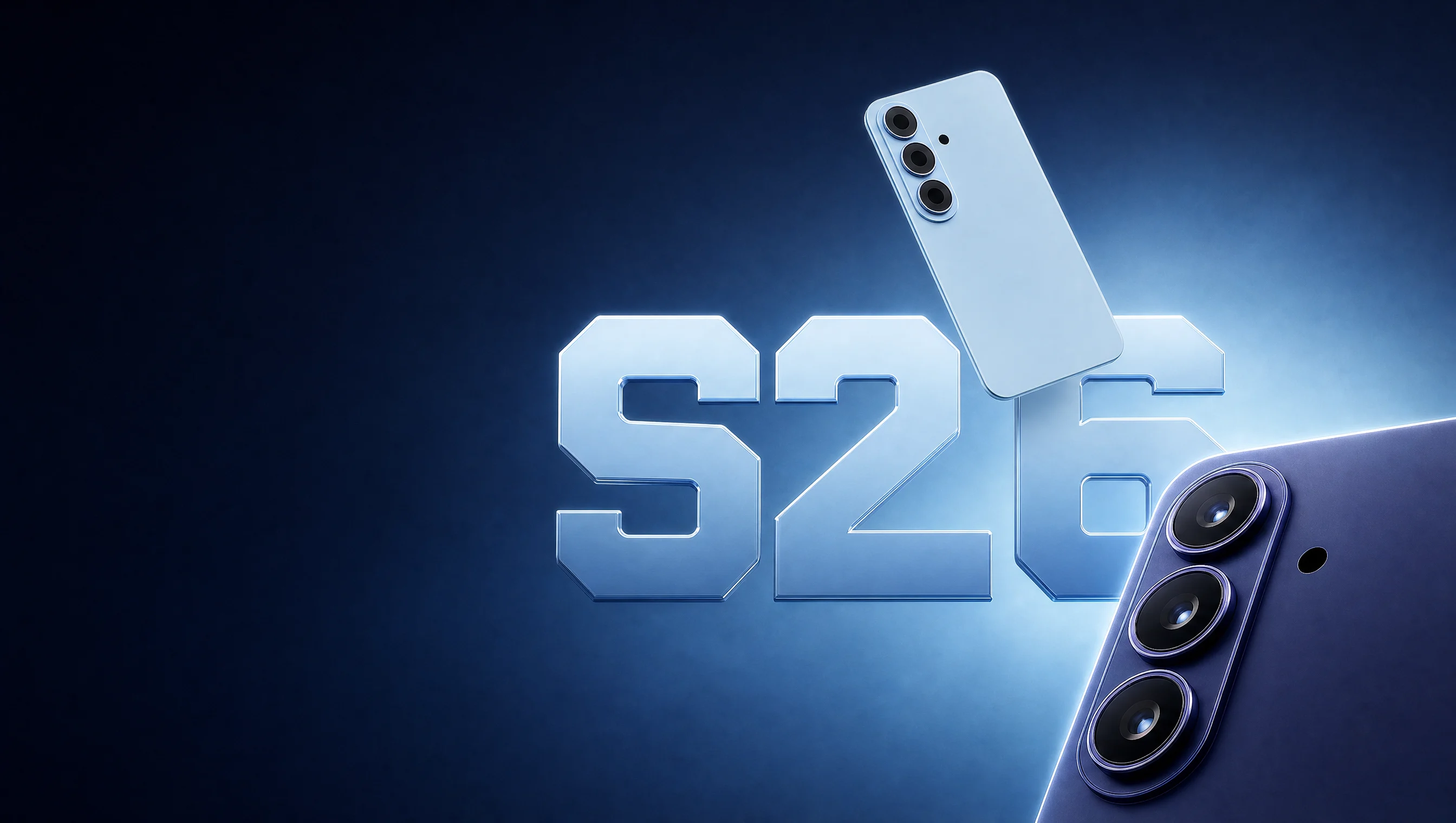 Sky blue and violet Galaxy S26 back glass panels floating over giant S26 typography on a deep blue launch-poster field