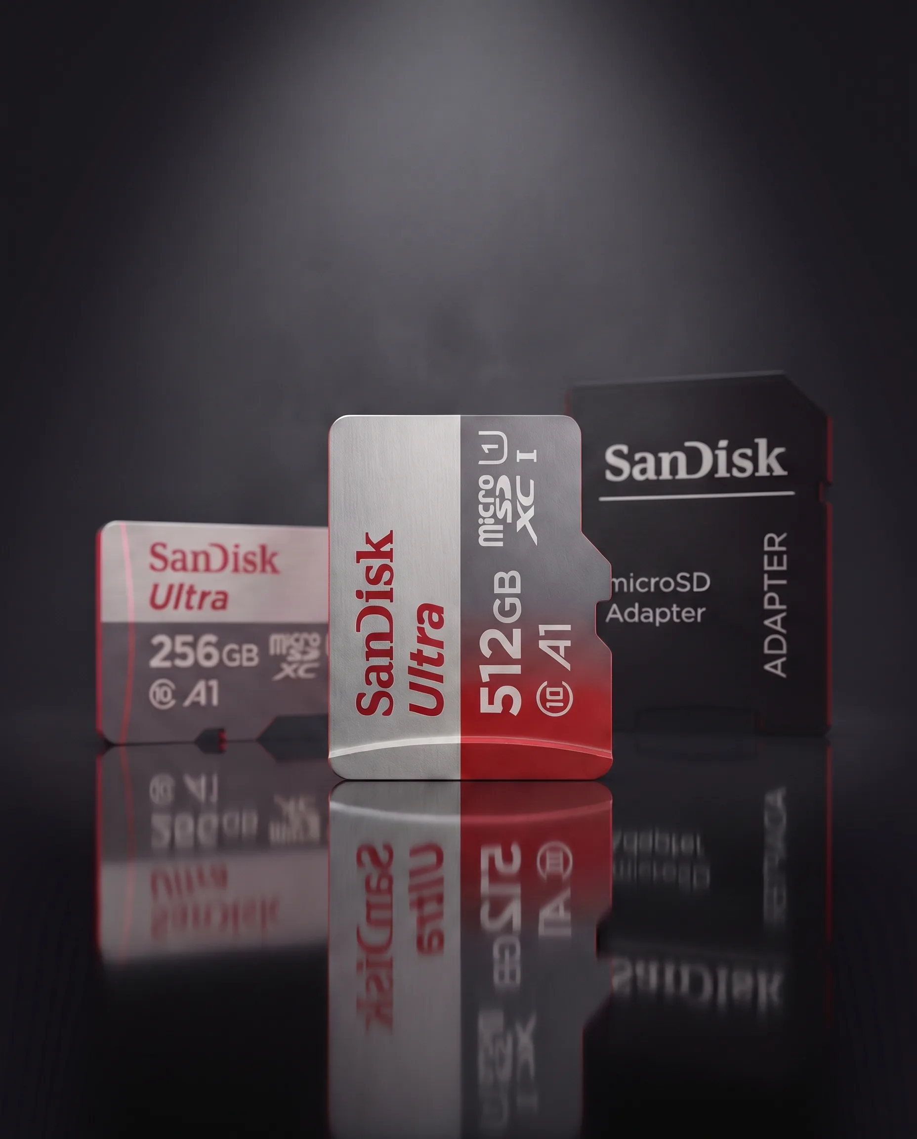 SanDisk Ultra microSDXC cards in 256GB and 512GB with the SanDisk microSD adapter, portrait layout