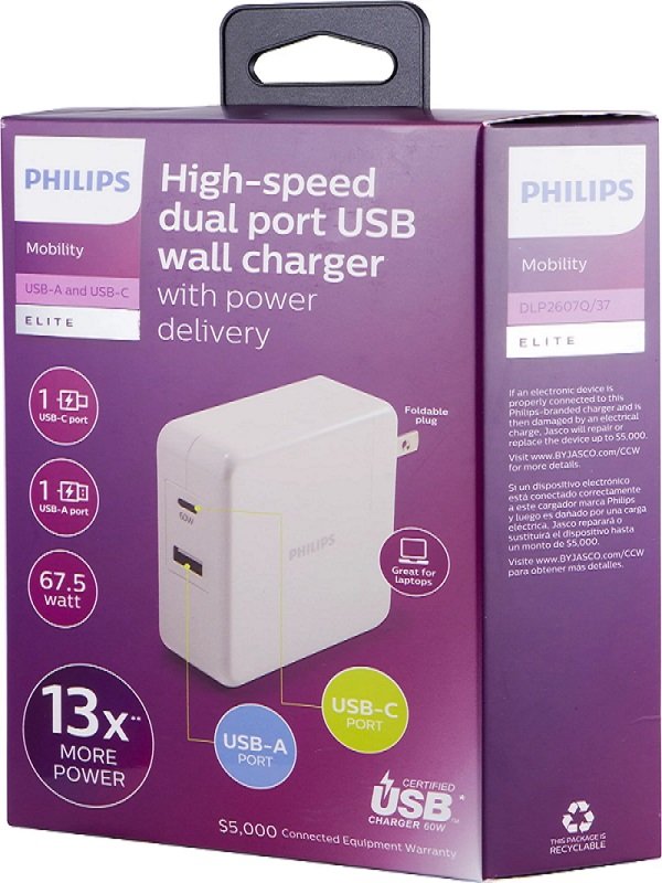 Philips Dlp6111c/37 White 67.5 Watts Usb-c Laptop Wall Charger W/charging Cable