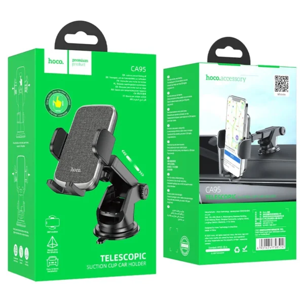 Hoco Ca95 Polaris Push-type Telescopic Suction Cup Car Holder - Black