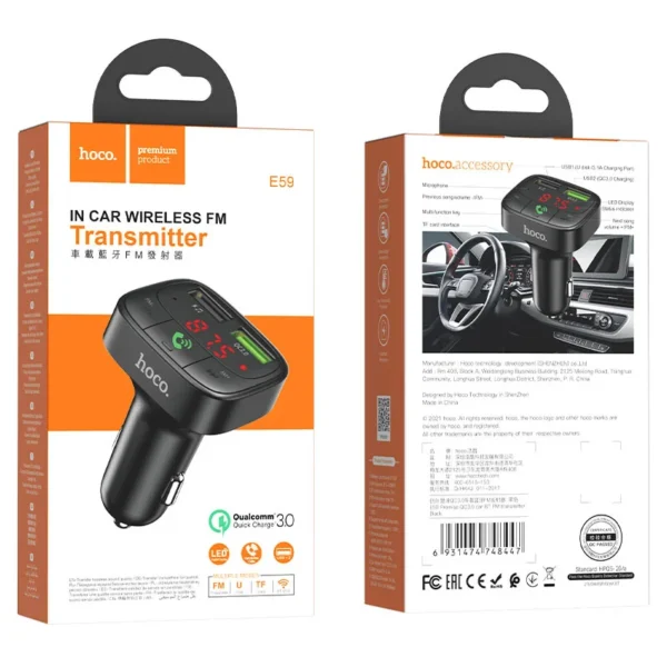 Hoco E59 Promise Qc3.0 Bluetooth Fm Transmitter Car Charger – Fast Charging, Hands-free Calling