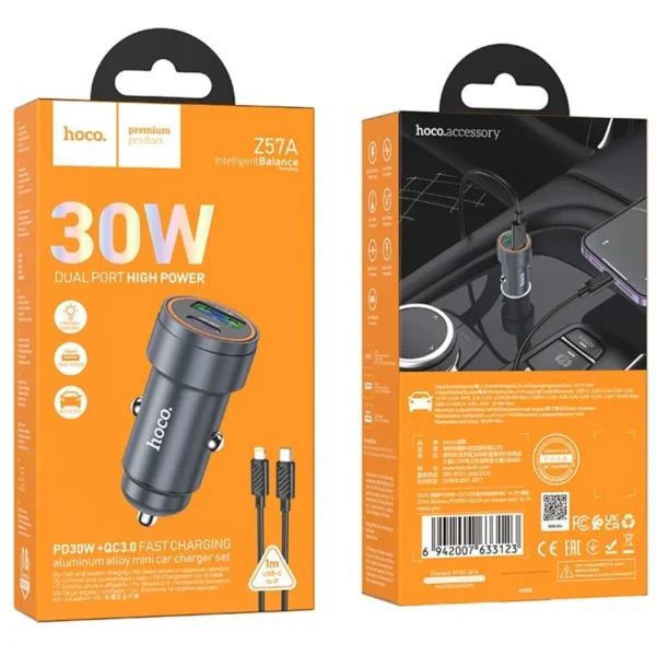 Hoco Z57a Glorious Pd30w Qc3.0 Car Charger – Dual Port, Fast Charging With Cable Included (type-c – Lightning)